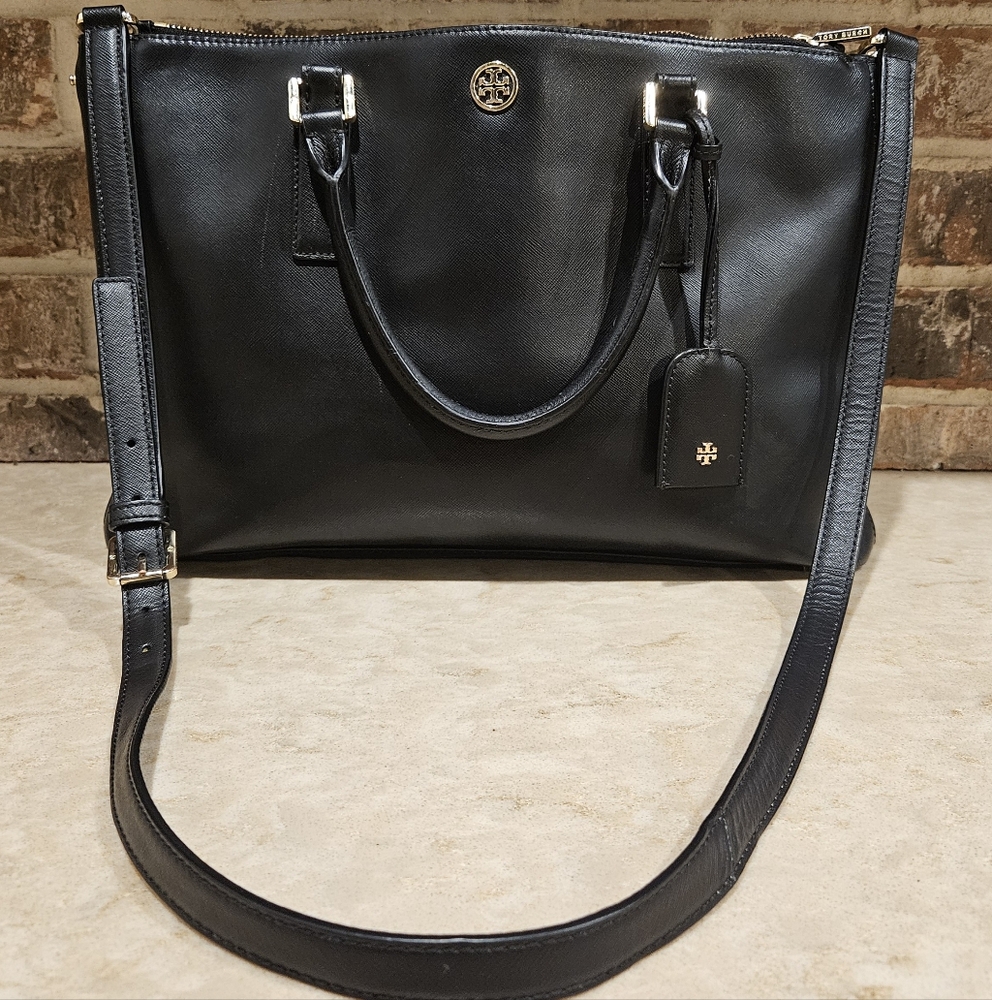 Tory Burch Black Leather Robinson Double Zip Shoulder Crossbody Satchel Tote